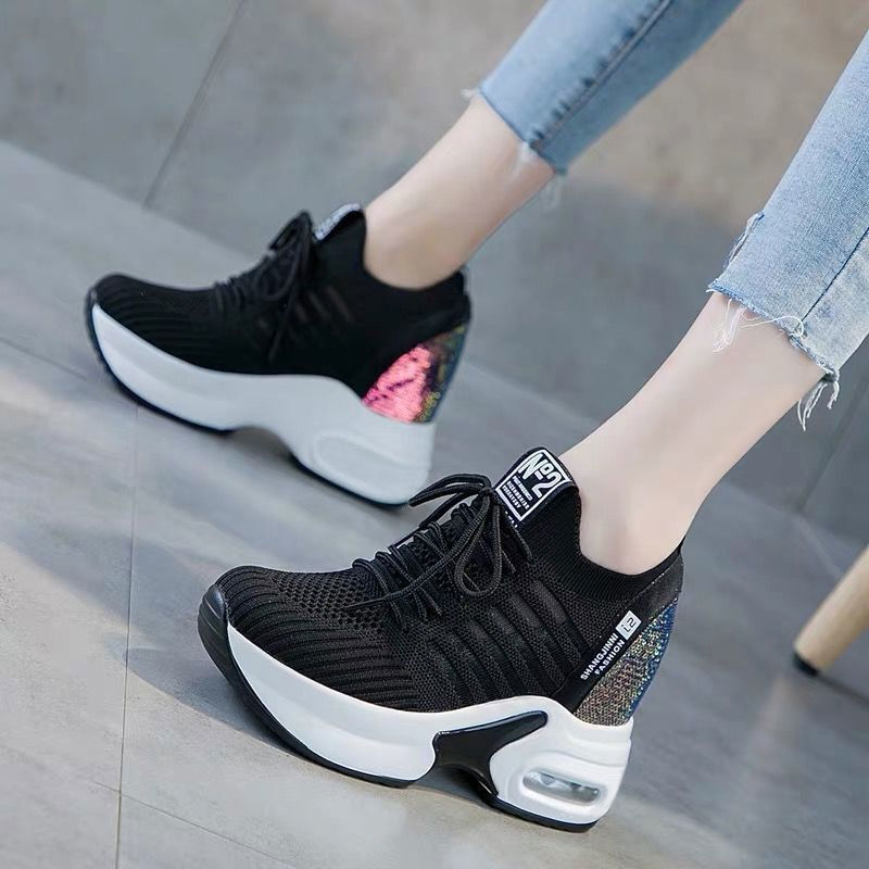 2025 Spring Sequined Casual Sh - Knit Fabric Lace Up Sneakers recension och pris